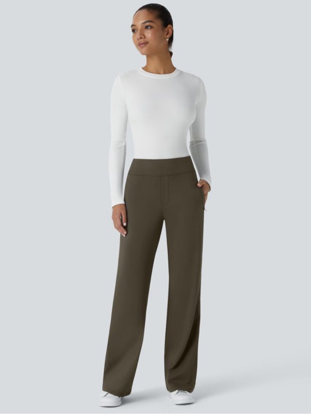 HALARA flex day stretch forest night mid rise zipper pocket work flare LP pant